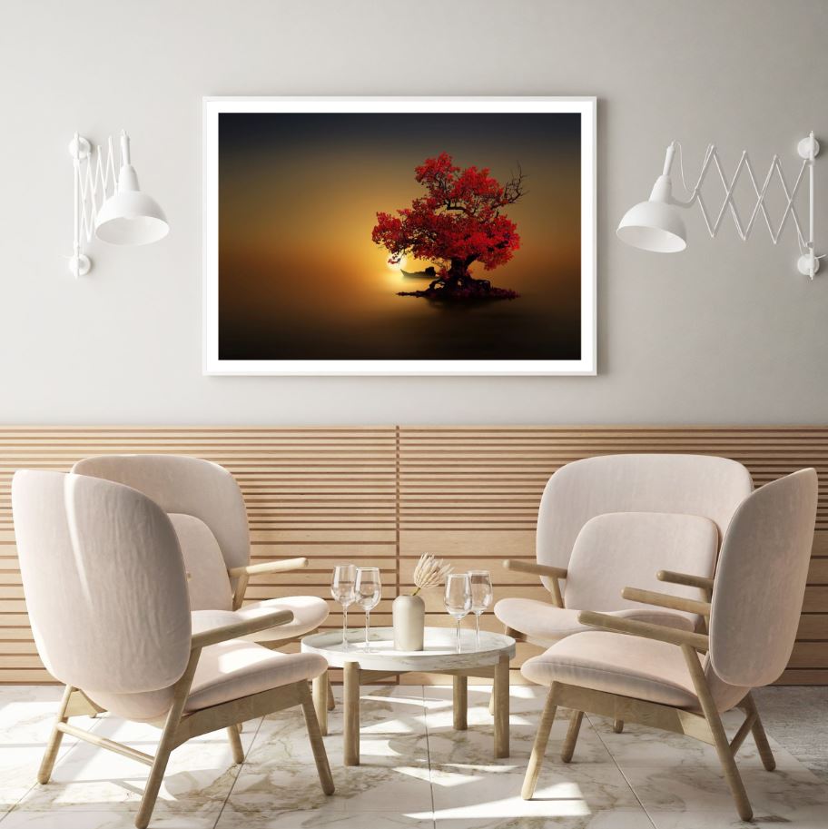 Red Tree at Sunset on Lake View Home Decor Premium Quality Poster Print Choose Your Sizes