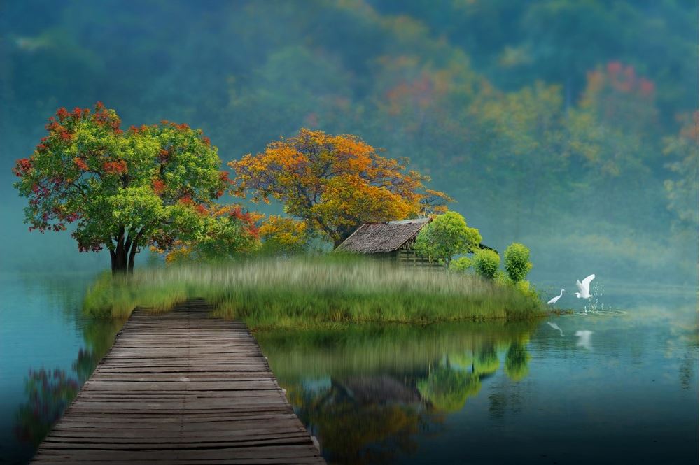 Wooden Pier to Small Island in Lake Photograph Print 100% Australian Made