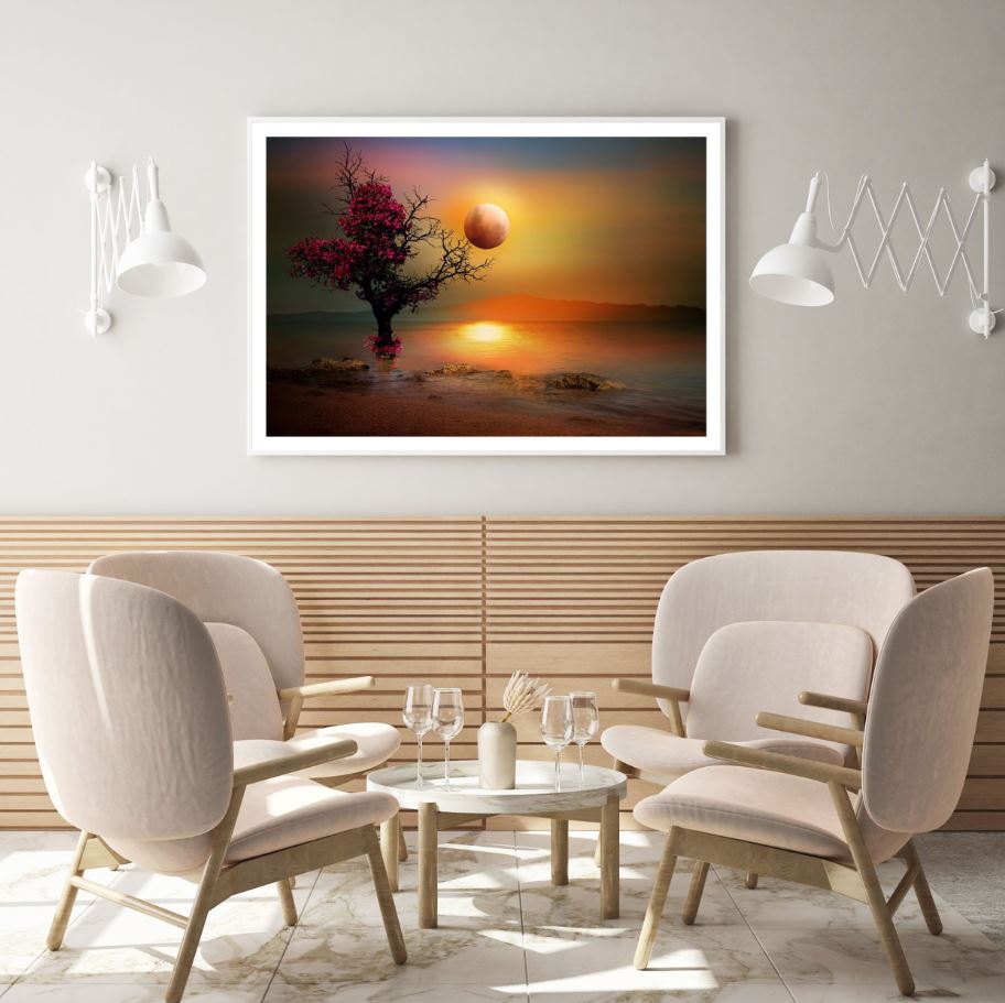 Tree on Lake Sunset Digital Art Home Decor Premium Quality Poster Print Choose Your Sizes