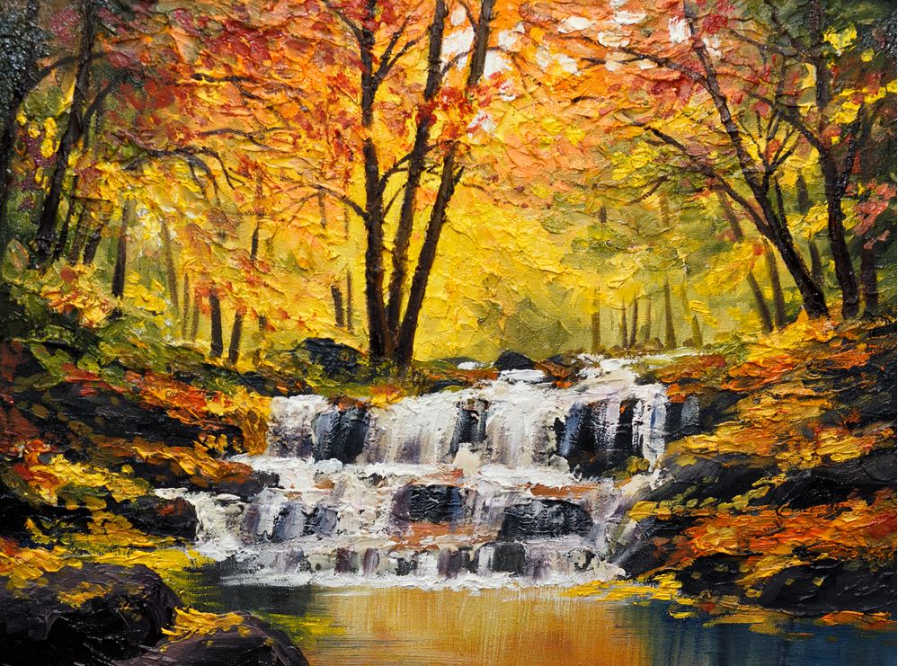 Stunning Waterfall in Autumn Forest Watercolour Painting Print 100% Australian Made