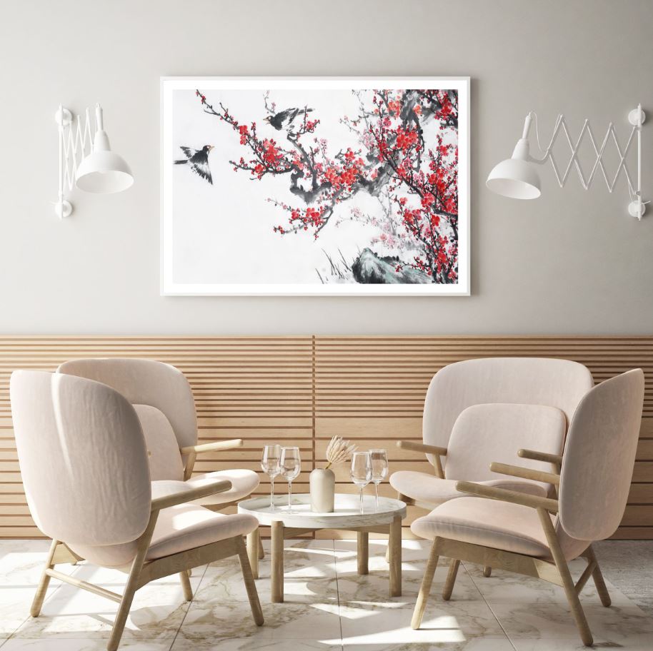 Red Floral Tree & Birds Watercolor Painting Home Decor Premium Quality Poster Print Choose Your Sizes