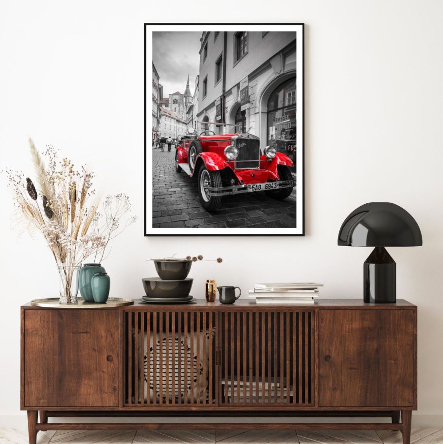 Red Vintage Car in Street View Photograph Home Decor Premium Quality Poster Print Choose Your Sizes