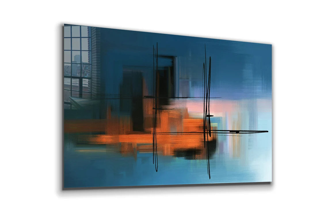 Orange Blue Abstract Print Tempered Glass Wall Art 100% Made in Australia Ready to Hang