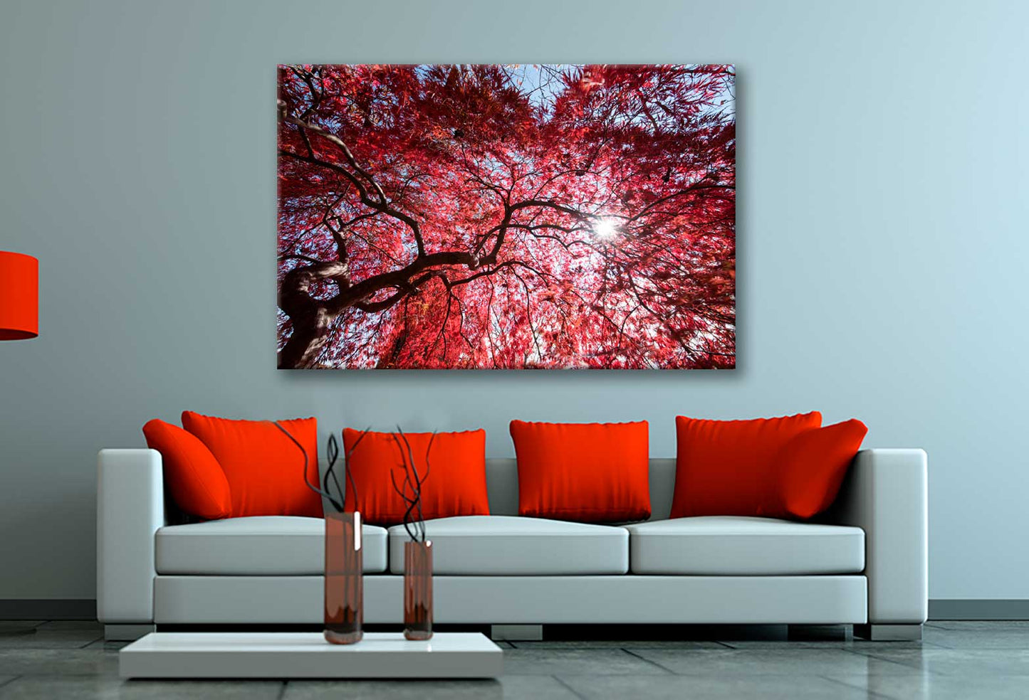 Bella Home Red Autumn leaves With Sky View Print Canvas Ready to hang