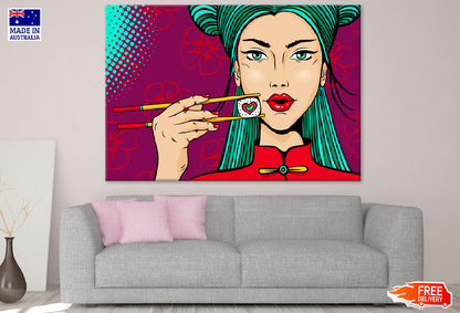 Asian Girl Eating Sushi Illustration Print 100% Australian Made