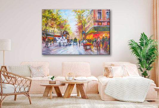 Bella Home City & Horse Cart Oil Painting Print Canvas Ready to hang