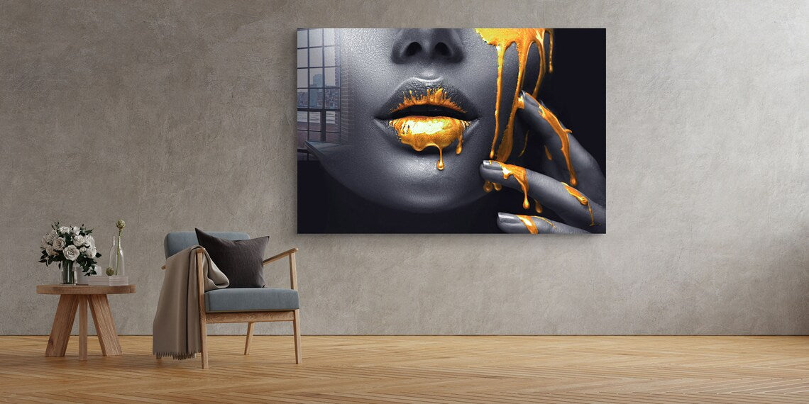 B&W Woman & Gold Lips Print Tempered Glass Wall Art 100% Made in Australia Ready to Hang