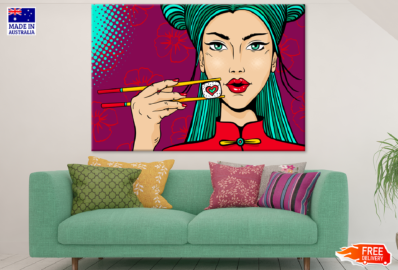 Asian Girl Eating Sushi Illustration Print 100% Australian Made