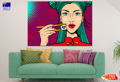 Asian Girl Eating Sushi Illustration Print 100% Australian Made