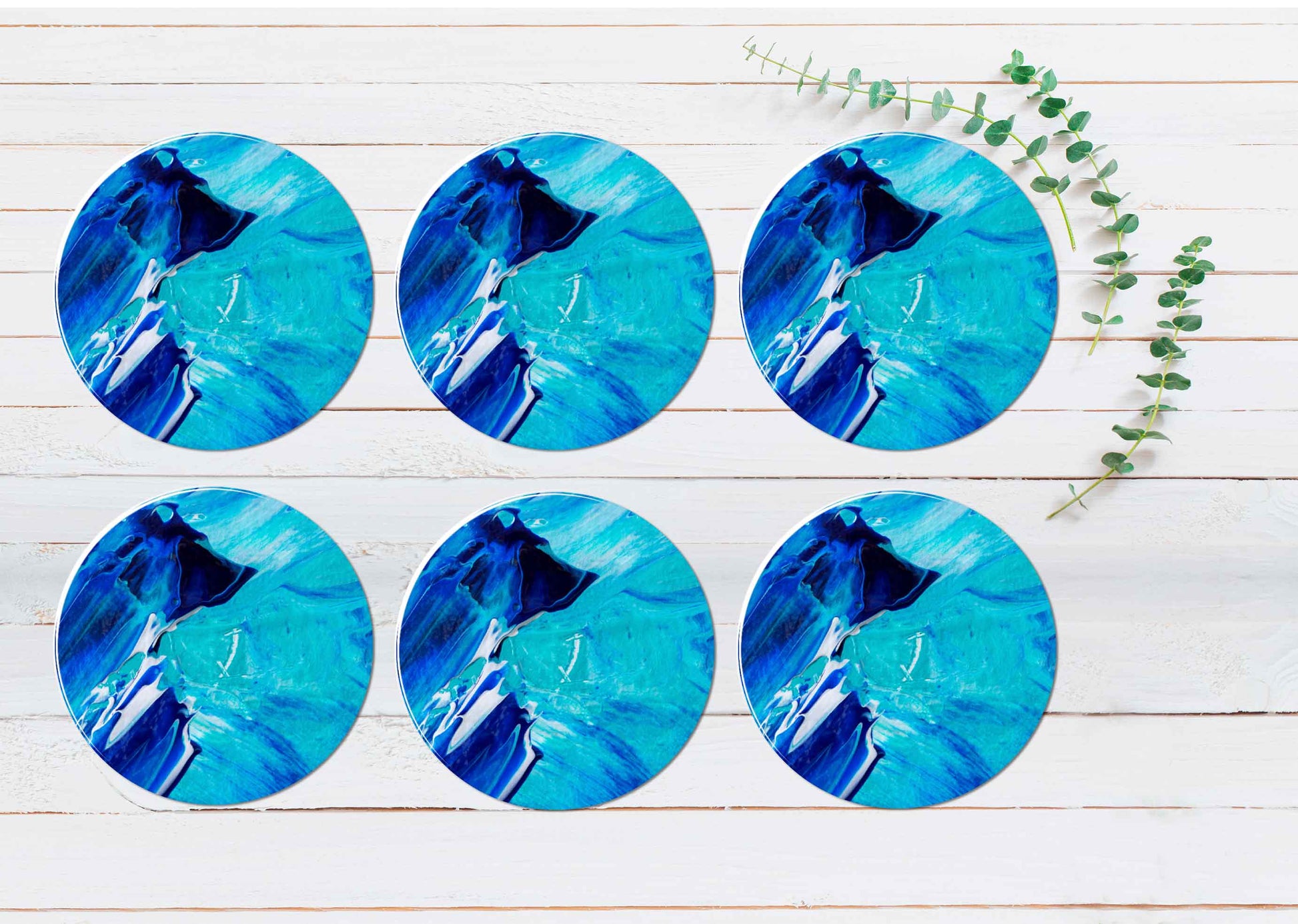 Blue White Watecolor Brush Strokes Coasters Wood & Rubber - Set of 6 Coasters