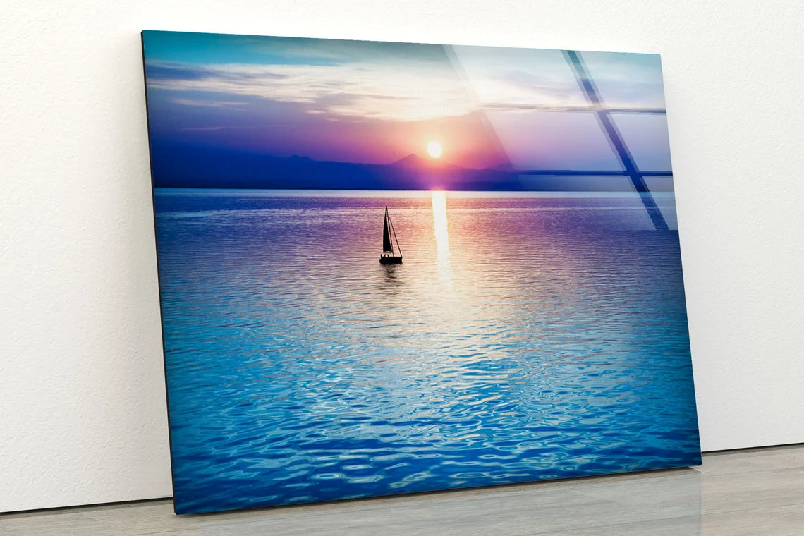 Boat on Sea Sunset Photograph Acrylic Glass Print Tempered Glass Wall Art 100% Made in Australia Ready to Hang