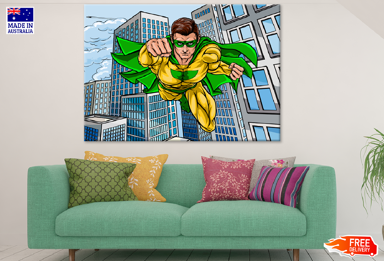 Super Hero Flying in City Illustration Print 100% Australian Made