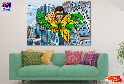 Super Hero Flying in City Illustration Print 100% Australian Made