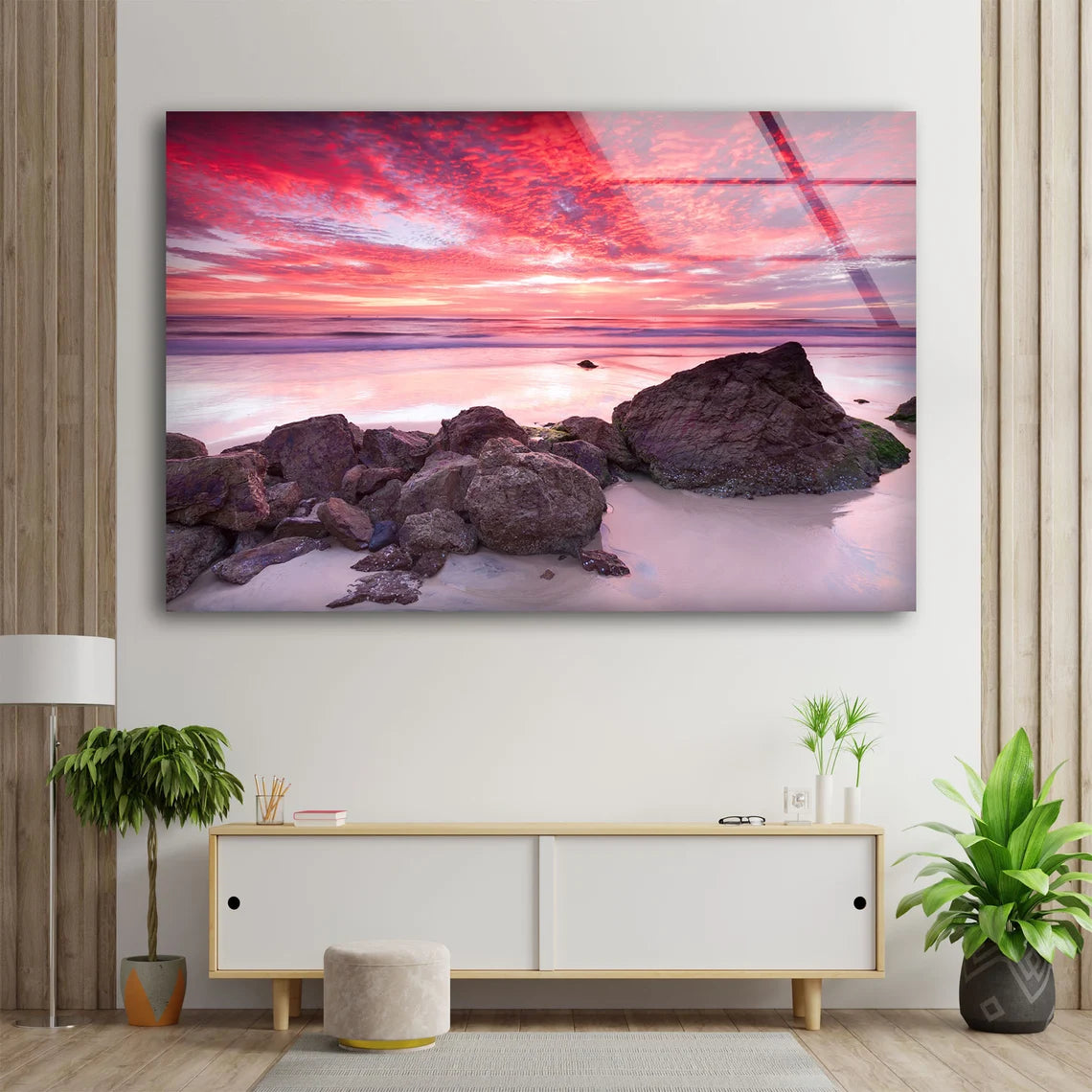 Beach with Rocks Sunset View Photograph Acrylic Glass Print Tempered Glass Wall Art 100% Made in Australia Ready to Hang