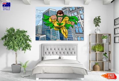 Super Hero Flying in City Illustration Print 100% Australian Made