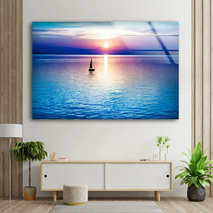 Boat on Sea Sunset Photograph Acrylic Glass Print Tempered Glass Wall Art 100% Made in Australia Ready to Hang