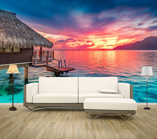 Wallpaper Murals Peel and Stick Removable Stunning Colorful Sunset Sky on the Horizon of Moorea, The South Pacific Ocean High Quality