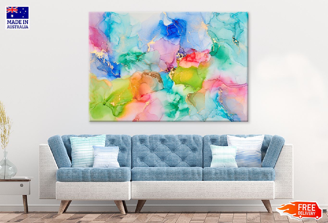 Pink Blue & Green Gold Abstract Design Print 100% Australian Made