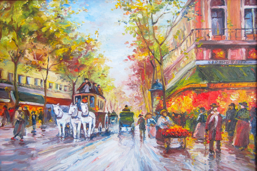 Bella Home City & Horse Cart Oil Painting Print Canvas Ready to hang