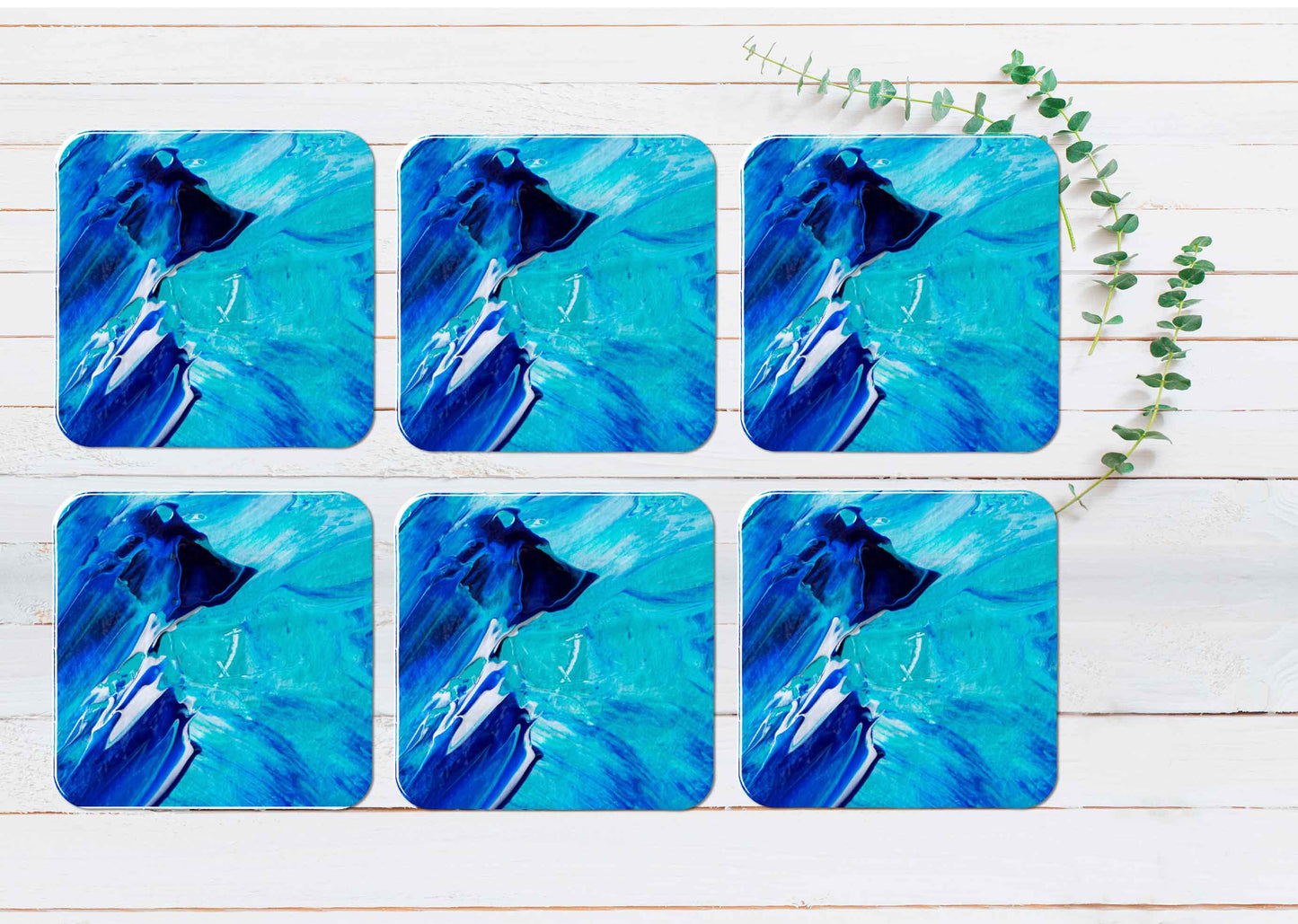 Blue White Watecolor Brush Strokes Coasters Wood & Rubber - Set of 6 Coasters