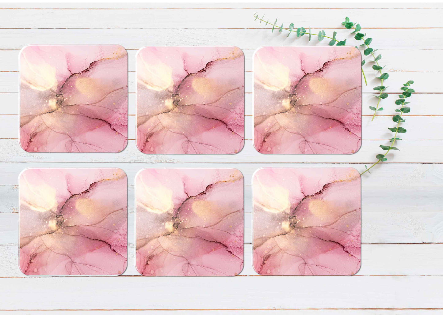 Pink Gold Splash Abstract Watercolor Coasters Wood & Rubber - Set of 6 Coasters