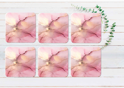 Pink Gold Splash Abstract Watercolor Coasters Wood & Rubber - Set of 6 Coasters