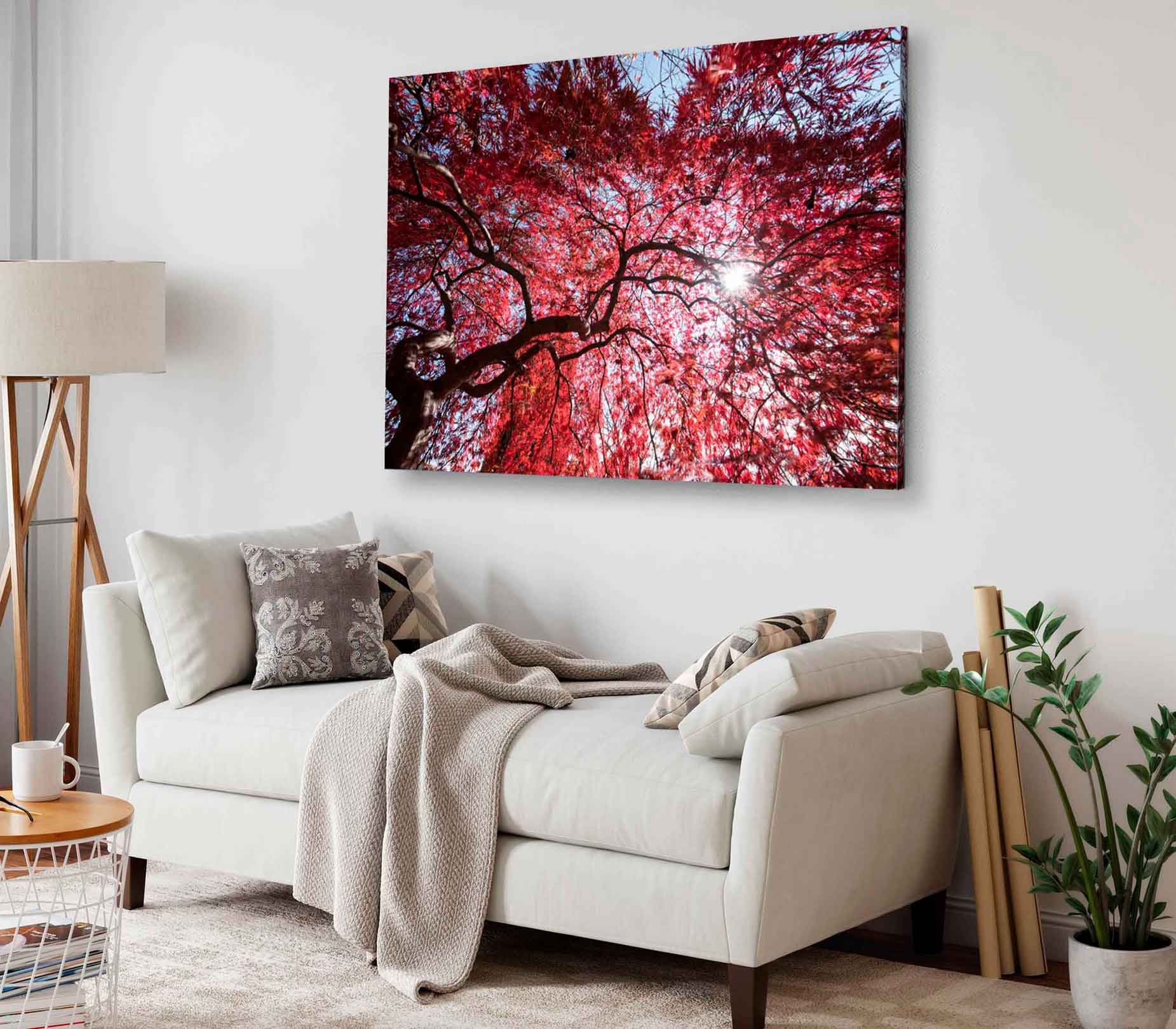 Bella Home Red Autumn leaves With Sky View Print Canvas Ready to hang