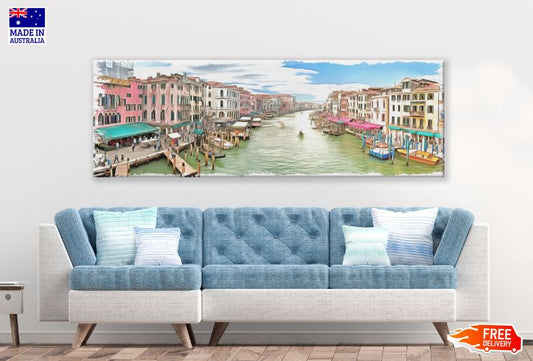 Panoramic Canvas Canal & Buildings Painting High Quality 100% Australian made wall Canvas Print ready to hang