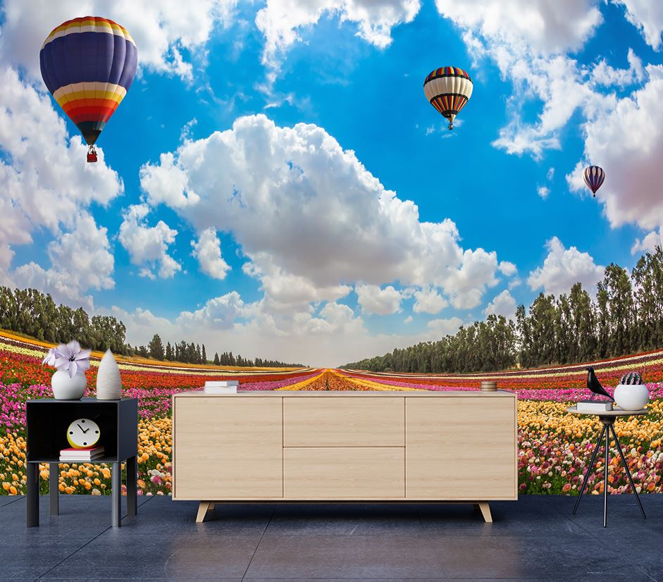 Wallpaper Murals Peel and Stick Removable Flower Field with Hot Air Balloons High Quality