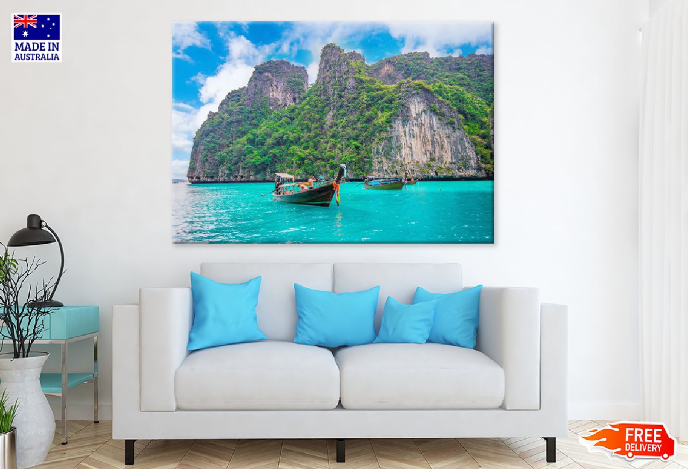 Boats on Blue Water Maya Bay View Photograph Print 100% Australian Made