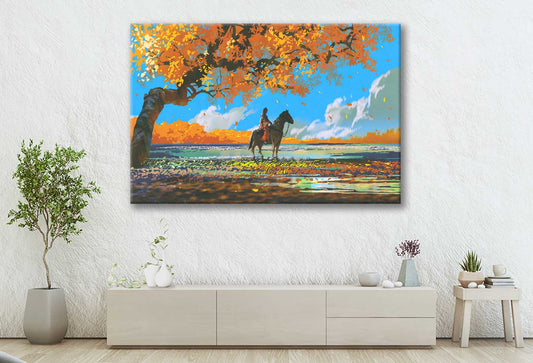 Bella Home Woman Sitting on Horse Painting Print Canvas Ready to hang