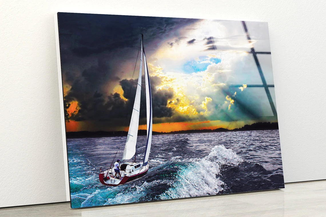 Boat on Sea Photograph Acrylic Glass Print Tempered Glass Wall Art 100% Made in Australia Ready to Hang