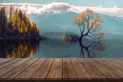 Wallpaper Murals Peel and Stick Removable Wood display shelf on Reflection lone Tree in Lake Wanaka New Zealand High Quality