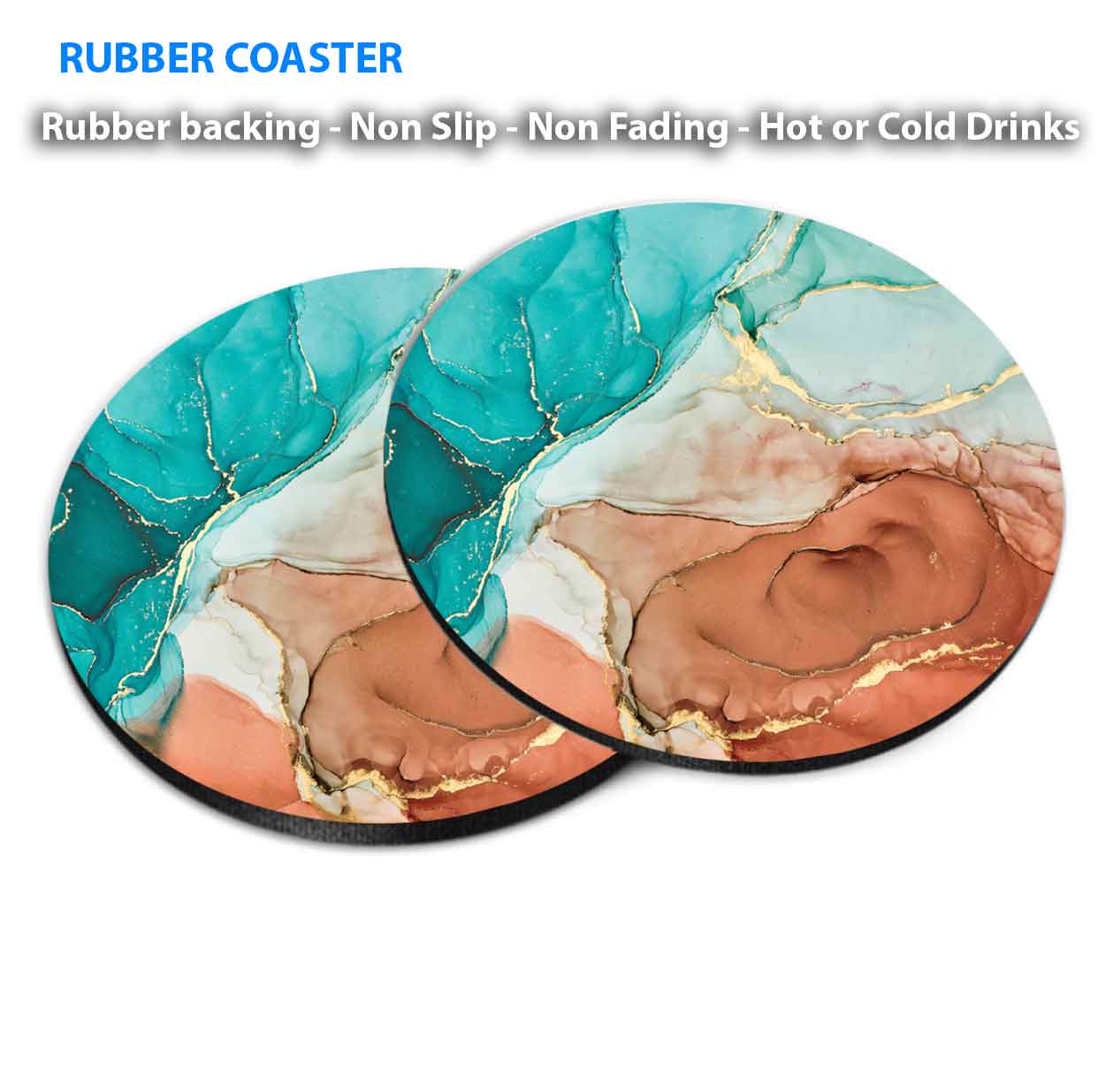 Green Brown Gold Lines Abstract Ink Coasters Wood & Rubber - Set of 6 Coasters