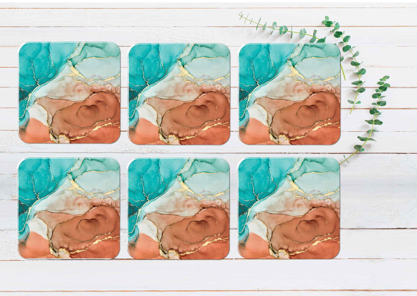 Green Brown Gold Lines Abstract Ink Coasters Wood & Rubber - Set of 6 Coasters