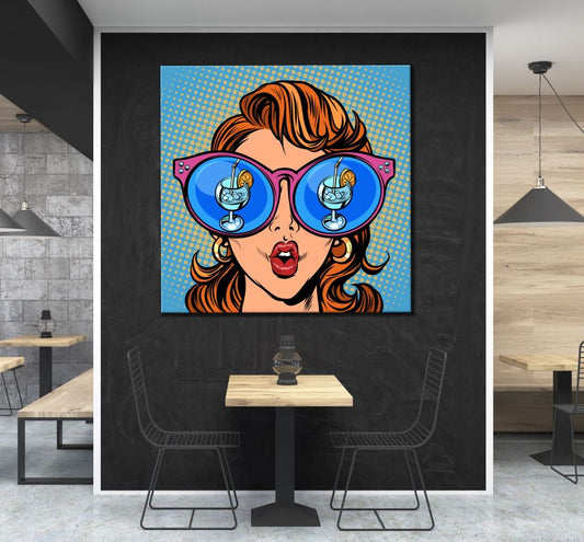 Square Canvas Woman Face with Sunglasses & Drink Reflection Art High Quality Print 100% Australian Made