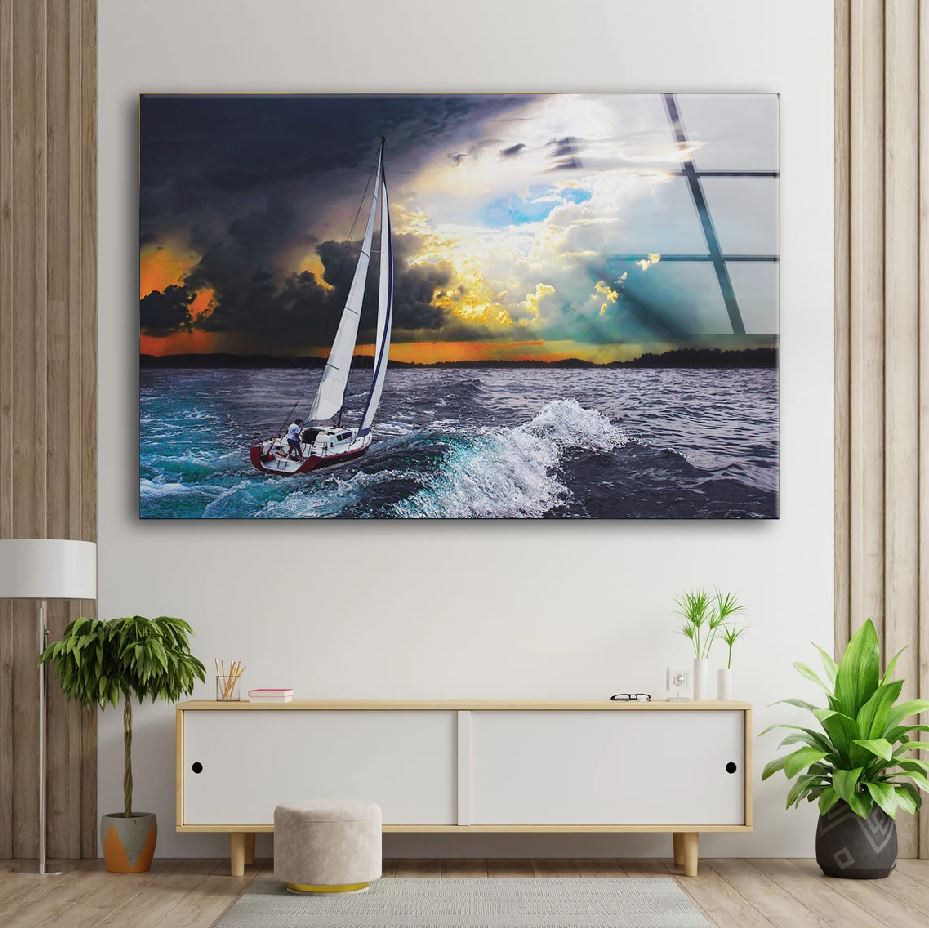 Boat on Sea Photograph Acrylic Glass Print Tempered Glass Wall Art 100% Made in Australia Ready to Hang