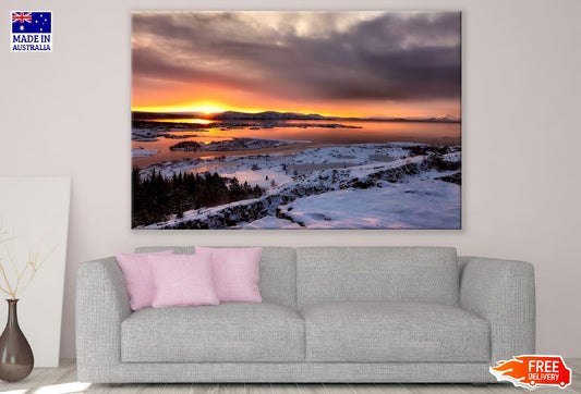 Snow Covered Mountains with Lake Sunset Photograph Print 100% Australian Made
