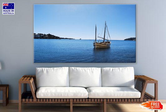 Boat On Sea & Rock Mountain Aerial View Print 100% Australian Made