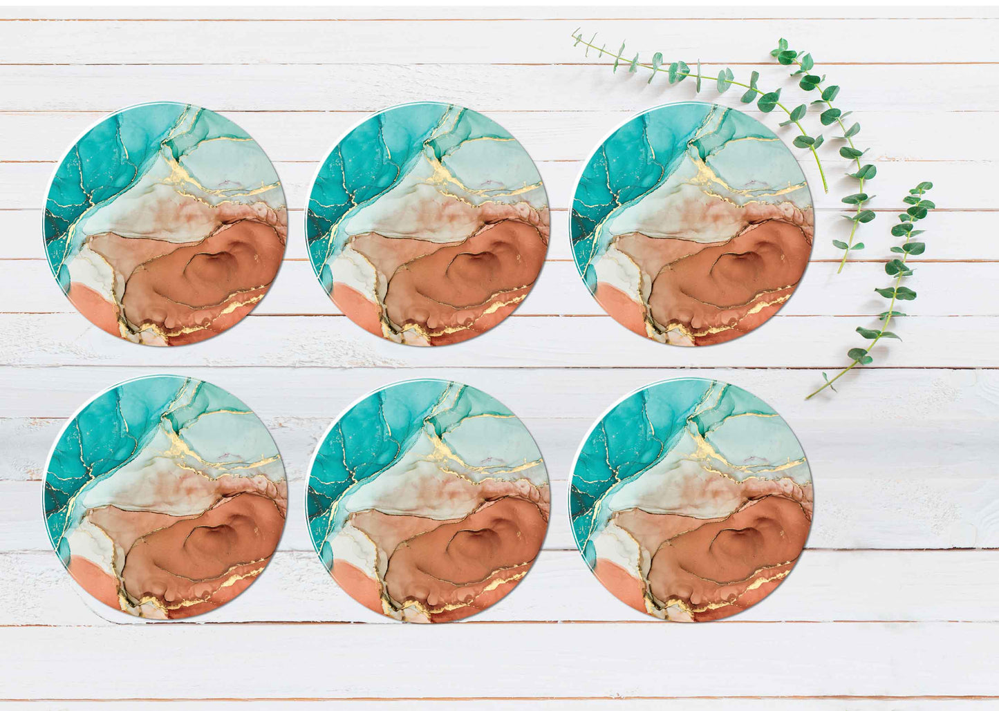 Green Brown Gold Lines Abstract Ink Coasters Wood & Rubber - Set of 6 Coasters