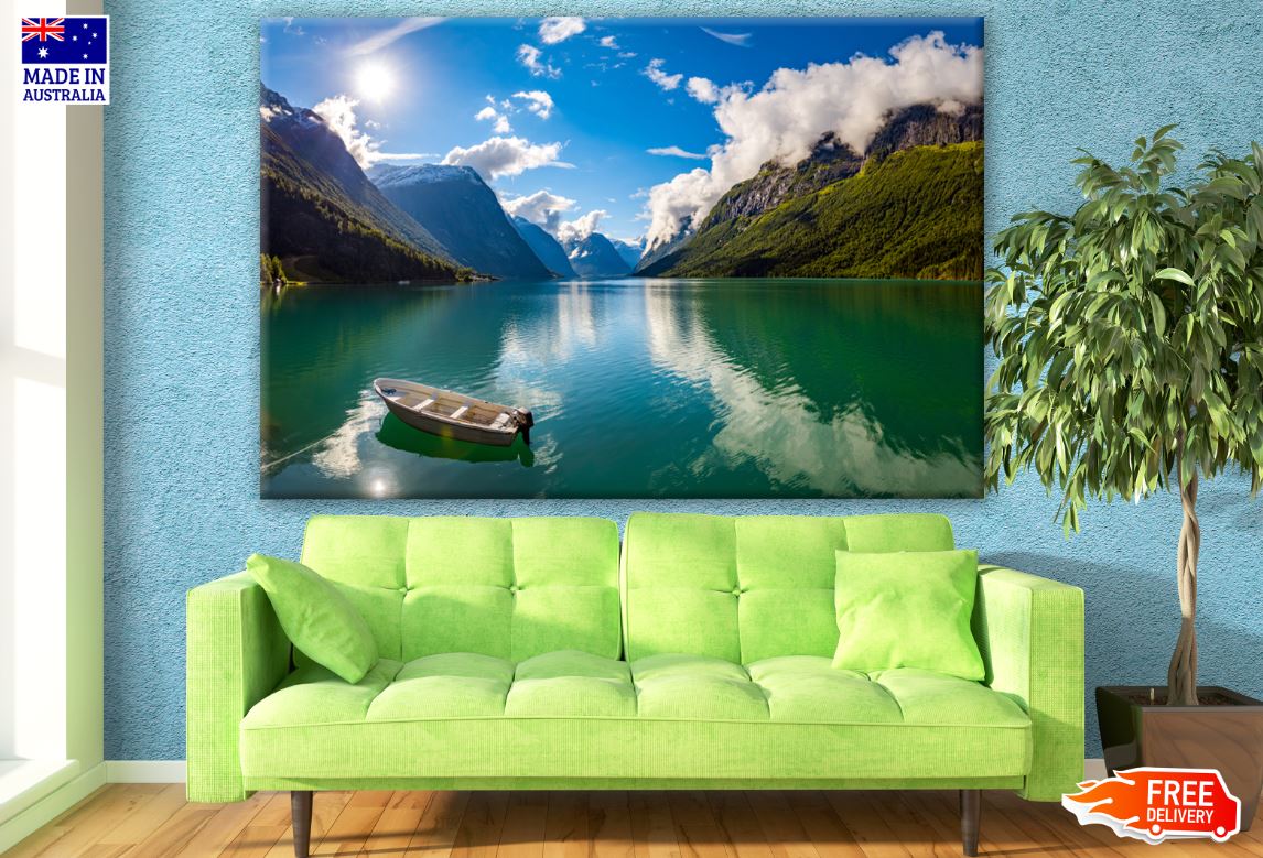 Lake & Boats with Mountain View Photograph Print 100% Australian Made