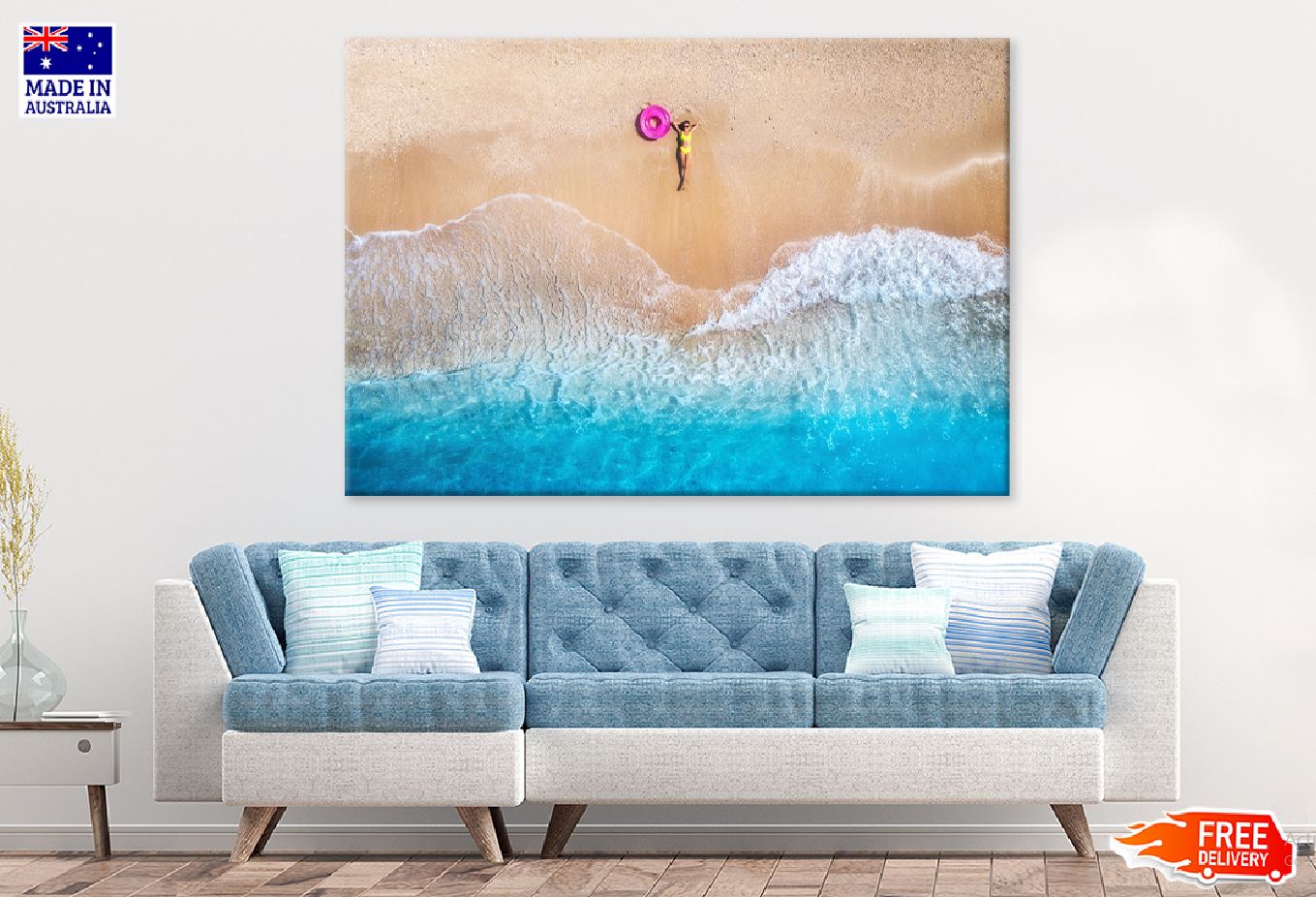 Girl on Sandy Sea & Waves Aerial View Photograph Print 100% Australian Made