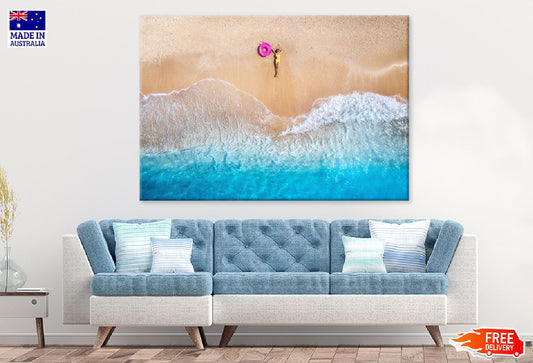 Girl on Sandy Sea & Waves Aerial View Photograph Print 100% Australian Made