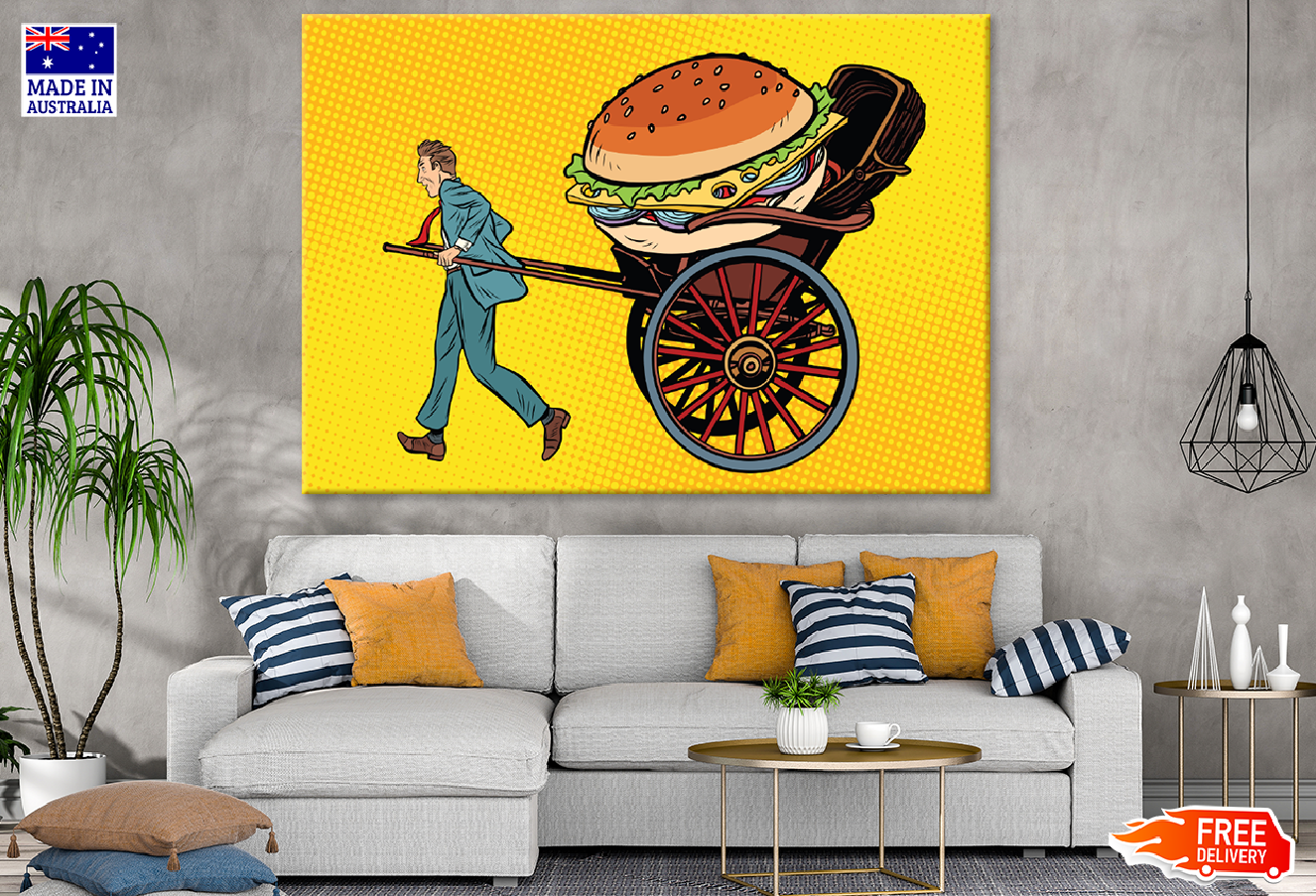 Man Pulling a Cart with A Huge Hamburger Illustration Print 100% Australian Made