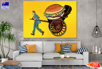 Man Pulling a Cart with A Huge Hamburger Illustration Print 100% Australian Made