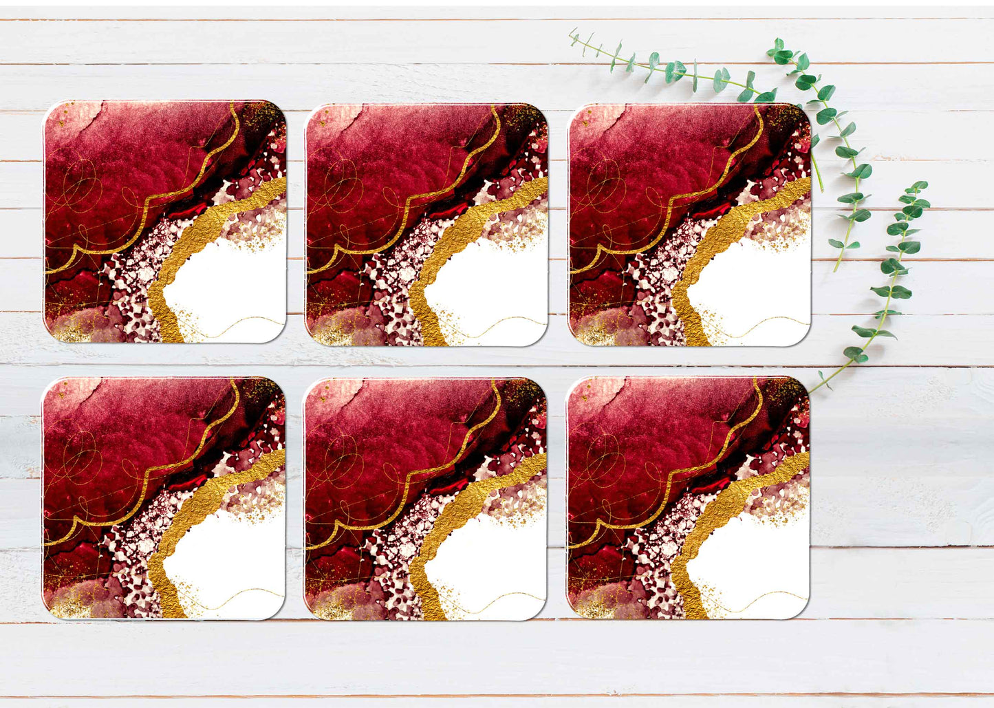 Gold Lines Red Liquid Abstract Design Coasters Wood & Rubber - Set of 6 Coasters