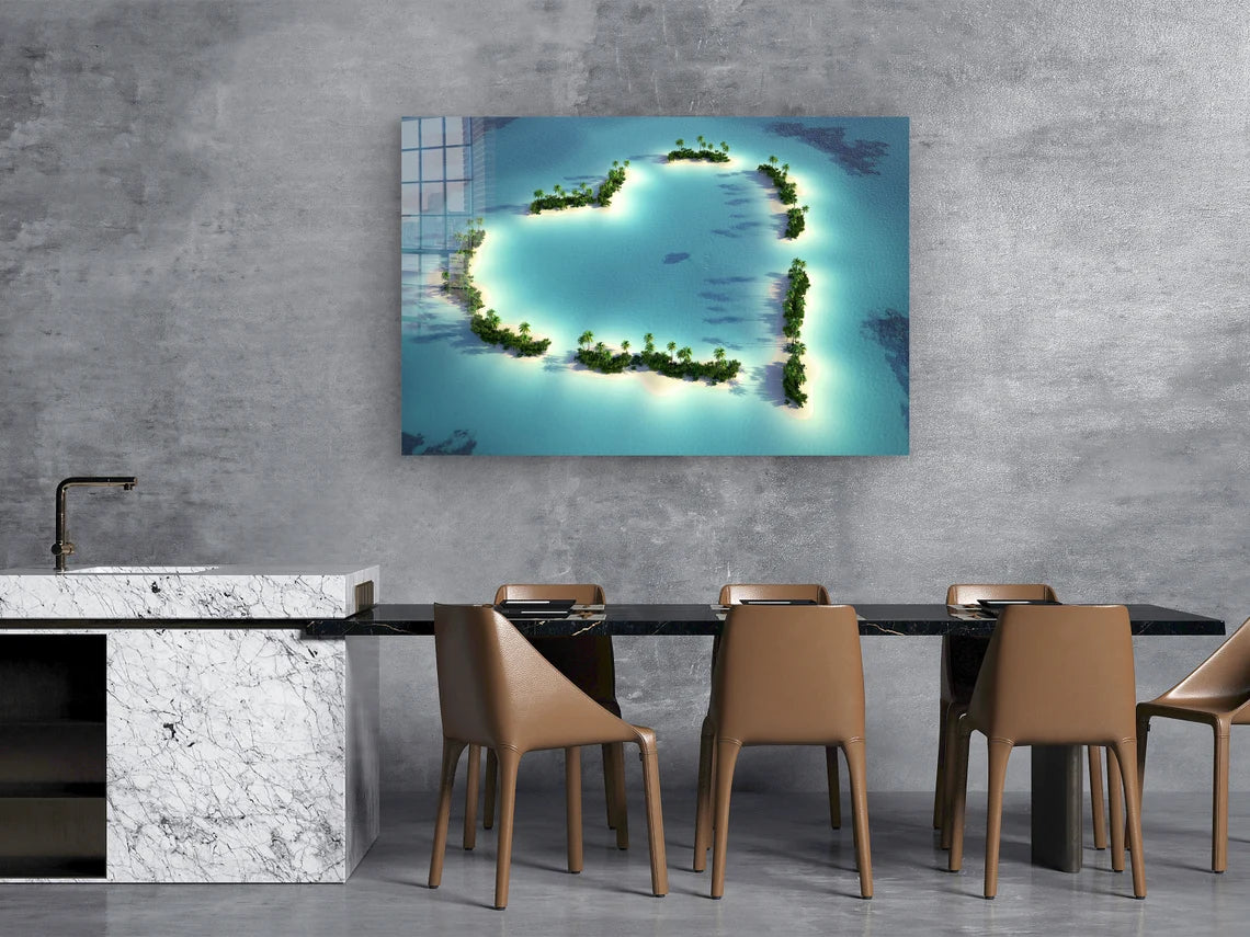 Heart Shape Island Print Tempered Glass Wall Art 100% Made in Australia Ready to Hang