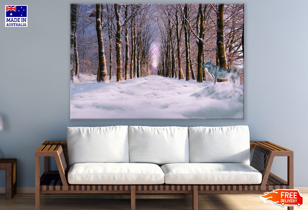 Snow Trees wih Wolf & Pathway Photograph Print 100% Australian Made