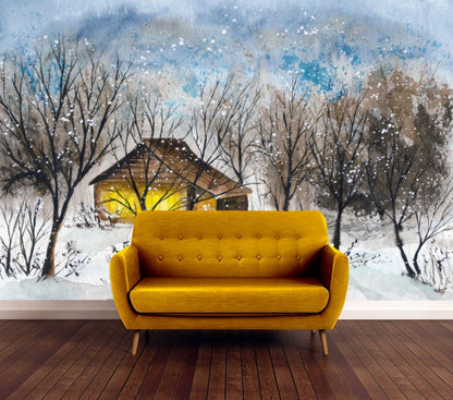 Wallpaper Murals Peel and Stick Removable House in Forest Covered with Snow Painting High Quality