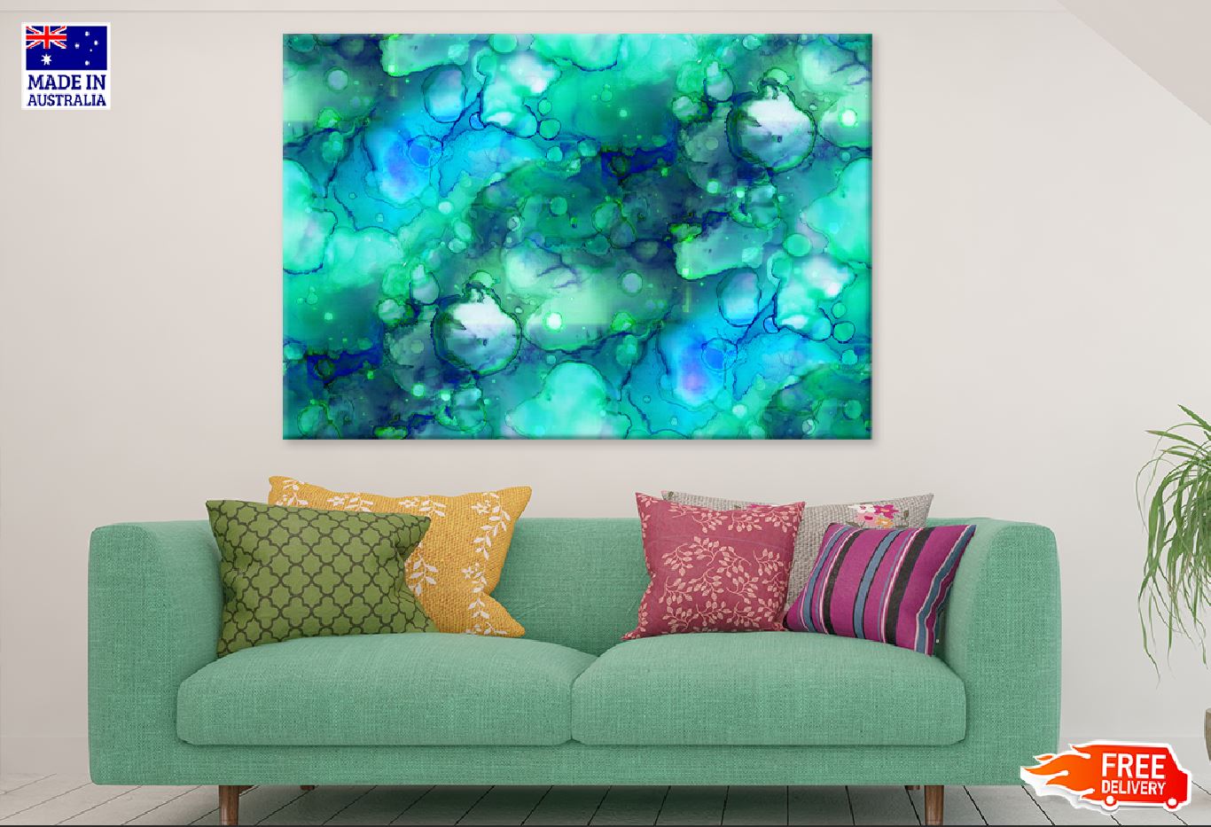 Green Bubbles & Blue Abstract Design Print 100% Australian Made